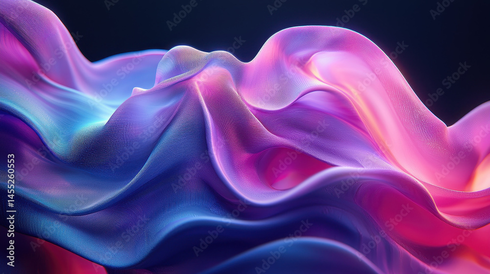 Fototapeta premium Creative 3D background with realistic fabric flowing and folding in a smooth side angle view, rendered in 4K with vibrant pink, purple, and blue colors.