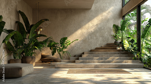 Contemporary staircase bathed in sunlight, showcasing realistic 3D rende with modern design influences and lush indoor plants in a 4K digital scene.