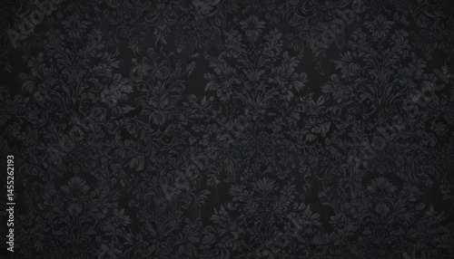 Dark grey backdrop, highlighted by a complex black damask pattern, showcasing elaborate foliage and floral designs , gothic, brocade