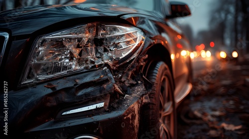 Assess the Impact of Collision Damage on Vehicle with Crumpled Front End Captured in Detail photo