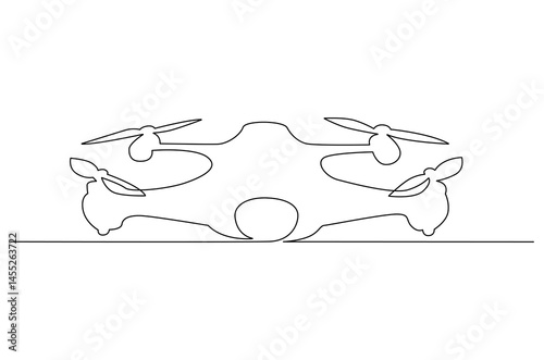 Continuous one line drawing of Flying drone airplane. Single line drawing illustration of Quadcopter camera drone. Gadget for videography concept vector art. Doodle line illustration.