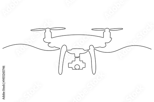Continuous one line drawing of Flying drone airplane. Single line drawing illustration of Quadcopter camera drone. Gadget for videography concept vector art. Doodle line illustration.