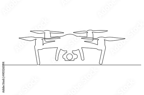 Continuous one line drawing of Flying drone airplane. Single line drawing illustration of Quadcopter camera drone. Gadget for videography concept vector art. Doodle line illustration.