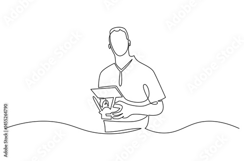 Continuous one line drawing of Drone pilot. Single line drawing illustration of Controls a drone with a remote control. Modern technology concept vector art. Doodle line illustration.