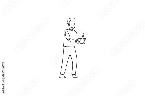 Continuous one line drawing of Drone pilot. Single line drawing illustration of Controls a drone with a remote control. Modern technology concept vector art. Doodle line illustration.