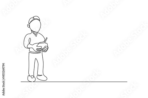 Continuous one line drawing of Drone pilot. Single line drawing illustration of Controls a drone with a remote control. Modern technology concept vector art. Doodle line illustration.