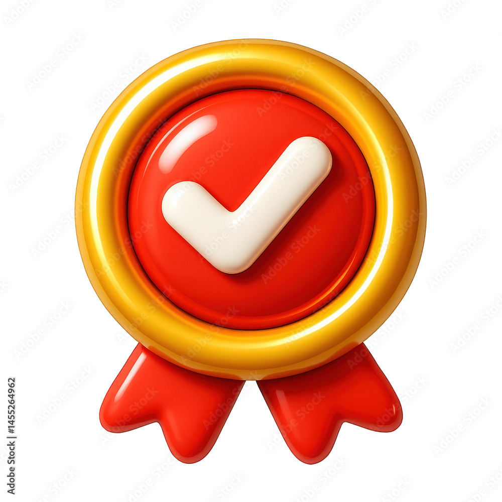 Glossy red and gold 3D rendered award emblem featuring a prominent white checkmark and flowing red ribbons below, symbolizing quality assurance and successful completion. Glossy red and gold 3D rendered award emblem featuring a prominent white checkmark and flowing red ribbons below, symbolizing quality assurance and successful completion.