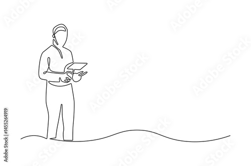 Continuous one line drawing of Drone pilot. Single line drawing illustration of Controls a drone with a remote control. Modern technology concept vector art. Doodle line illustration.