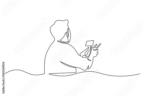 Continuous one line drawing of Drone pilot. Single line drawing illustration of Controls a drone with a remote control. Modern technology concept vector art. Doodle line illustration.