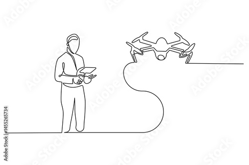 Continuous one line drawing of Controls drone with a remote control. Single line drawing illustration of Flying drone. Technology concept vector art. Doodle line illustration.