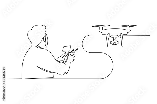 Continuous one line drawing of Controls drone with a remote control. Single line drawing illustration of Flying drone. Technology concept vector art. Doodle line illustration.