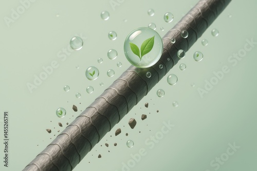 Microscopic view of a hair strand being treated with natural ingredients encapsulated in bubbles, promoting healthy growth and repair for damaged hair