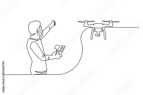 Continuous one line drawing of Controls drone with a remote control. Single line drawing illustration of Flying drone. Technology concept vector art. Doodle line illustration.