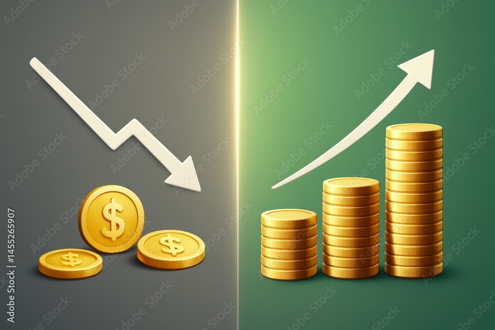 Stacks of gold coins with dollar sign and rising and falling arrows represent investment growth and decline, symbolizing financial success and loss in the market