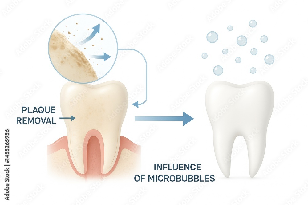 Microbubbles effectively remove plaque, revealing a whiter, healthier tooth, showcasing an innovative approach to dental cleaning and hygiene