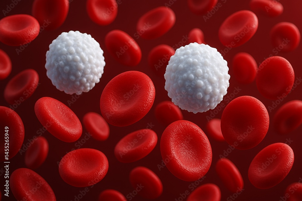 White blood cells are flowing among red blood cells in a bloodstream, representing the components of human blood and their crucial role in immune response and oxygen transport