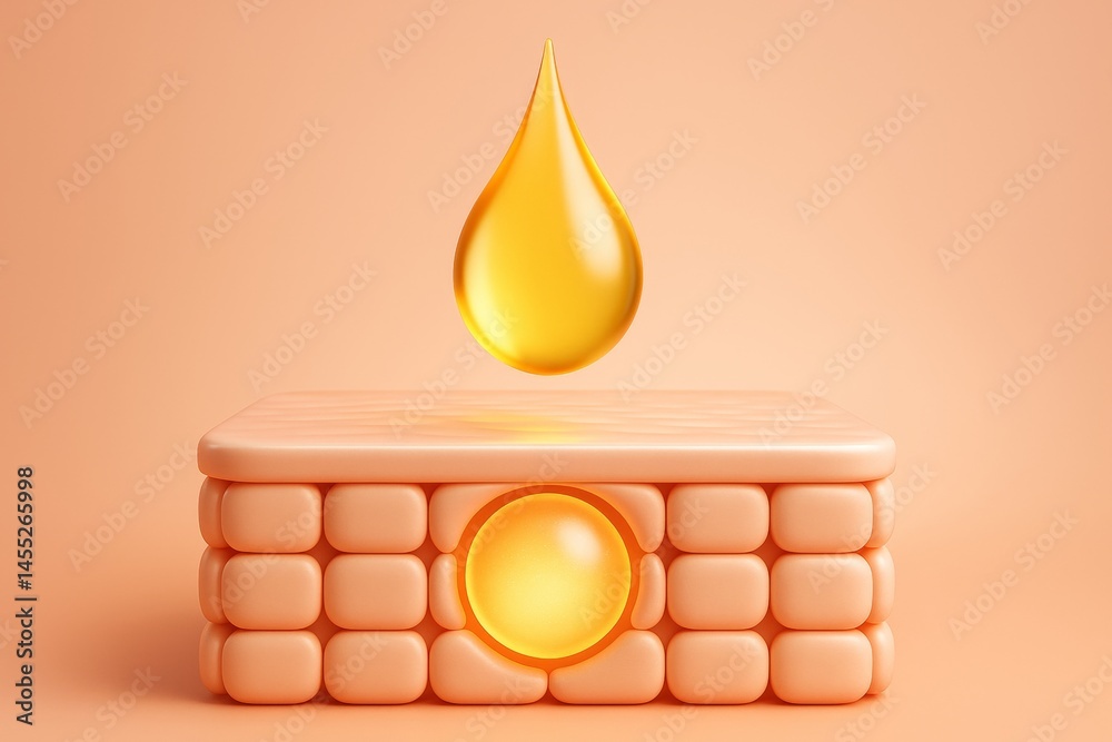 Golden drop of serum is nourishing skin cells, enhancing beauty and promoting healthy skin regeneration in this 3d render of skincare treatment