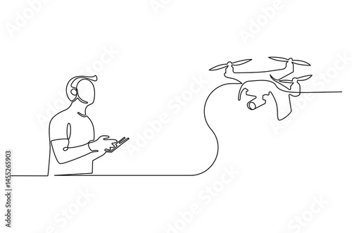 Continuous one line drawing of Controls drone with a remote control. Single line drawing illustration of Flying drone. Technology concept vector art. Doodle line illustration.