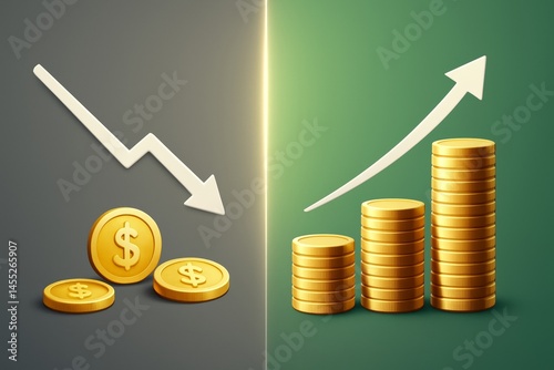 Obraz na płótnie Stacks of gold coins with dollar sign and rising and falling arrows represent investment growth and decline, symbolizing financial success and loss in the market w salonie