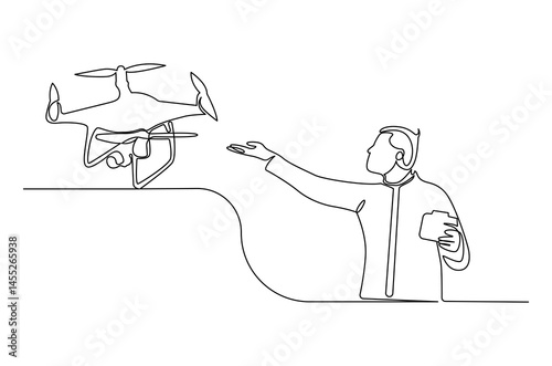Continuous one line drawing of Controls drone with a remote control. Single line drawing illustration of Flying drone. Technology concept vector art. Doodle line illustration.