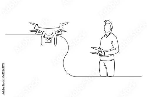 Continuous one line drawing of Controls drone with a remote control. Single line drawing illustration of Flying drone. Technology concept vector art. Doodle line illustration.