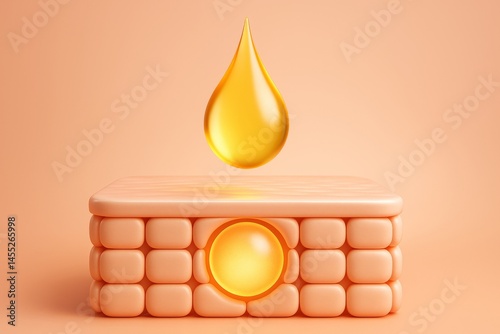 Obraz na płótnie Golden drop of serum is nourishing skin cells, enhancing beauty and promoting healthy skin regeneration in this 3d render of skincare treatment w salonie