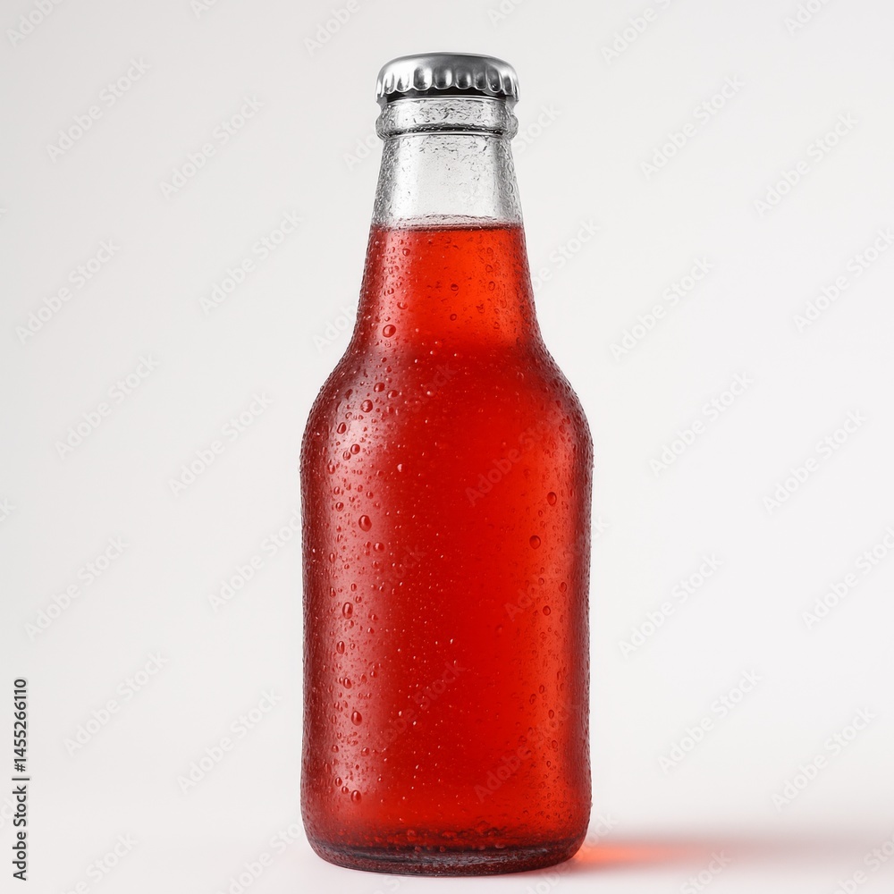 Glass bottle full of a red soft drink, covered with droplets of water, stands on a white background, creating a refreshing and thirst-quenching image