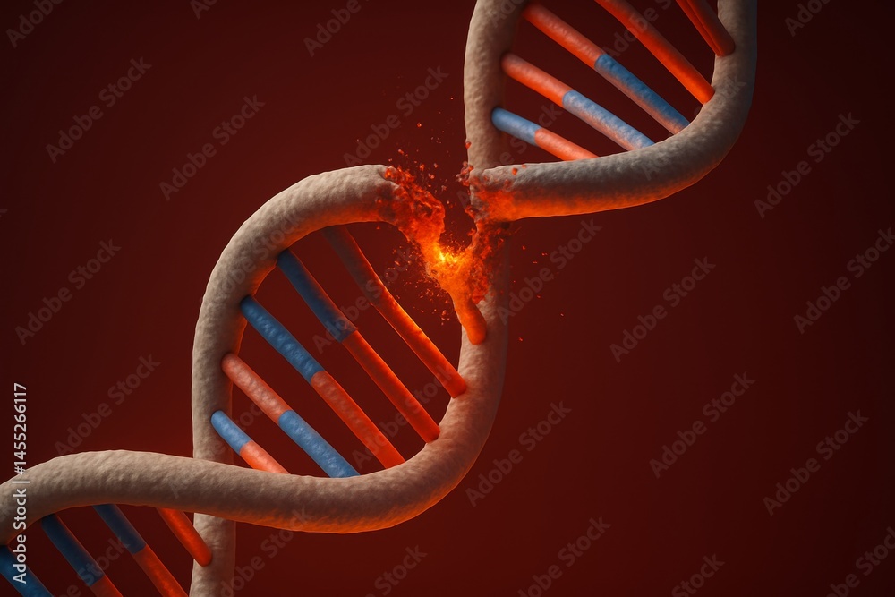 Orange flames and sparks erupt as a dna chain breaks apart against a dark red background, illustrating concepts of genetic mutation, damage, or disease