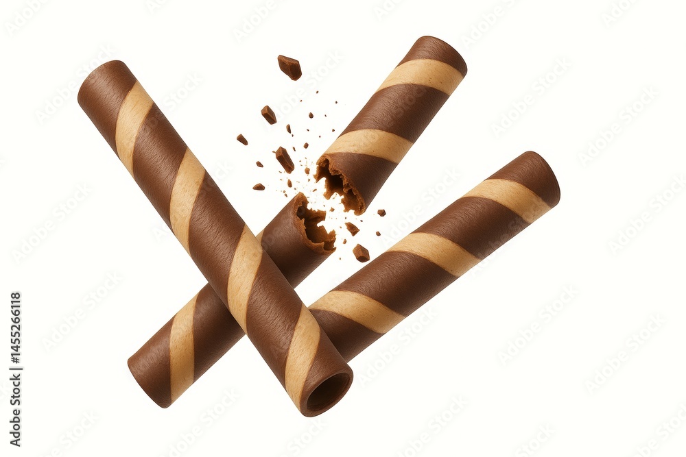 Two crispy wafer rolls with chocolate and vanilla stripes are colliding and breaking apart, scattering crumbs and pieces against a clean white background, creating a dynamic and appetizing scene
