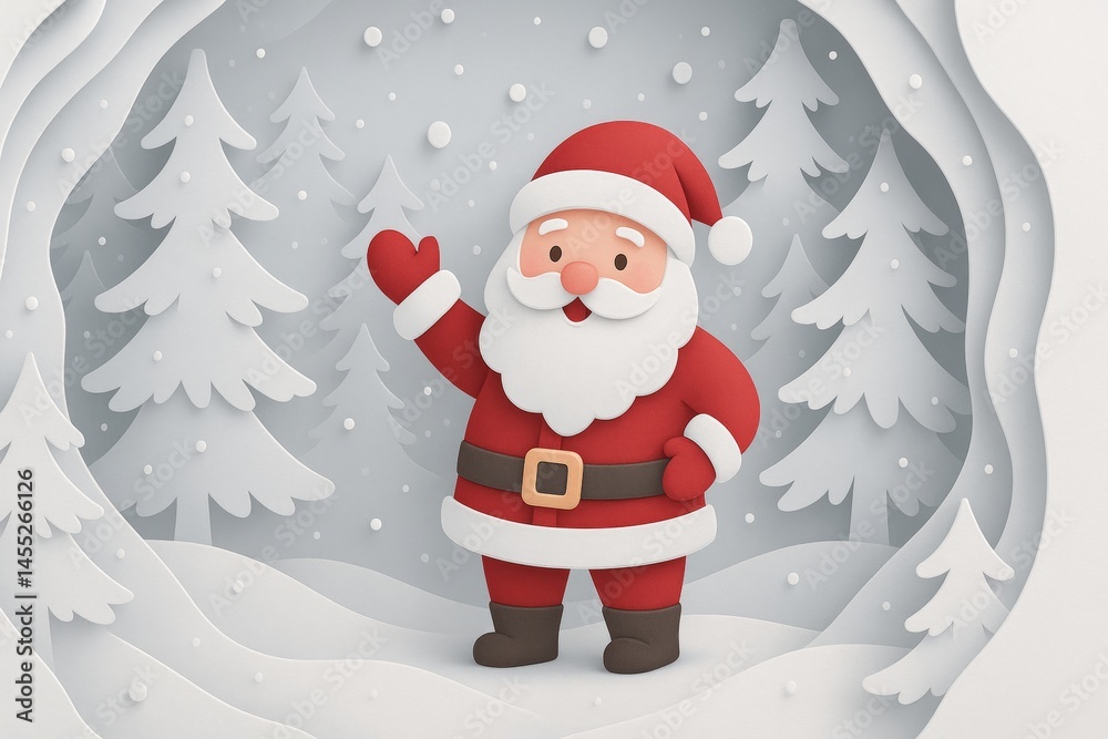 Santa claus waving in a snowy forest, surrounded by fir trees and snowflakes, creating a festive christmas scene with a paper cut-out style