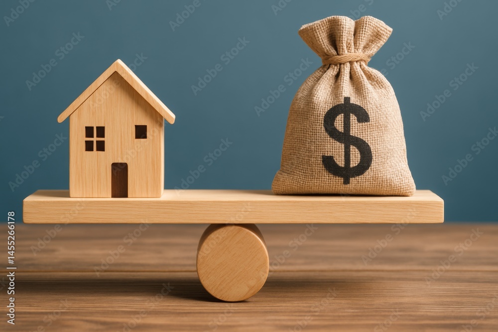 Balancing on a wooden seesaw, a money bag and a small wooden house illustrate the relationship between real estate investment and property value, highlighting financial dynamics in housing
