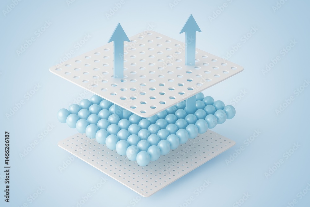 Cross-section of a breathable material composed of multiple layers, including small spheres, with two upward-pointing arrows indicating airflow and breathability