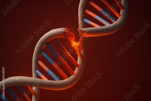 Obraz na płótnie Orange flames and sparks erupt as a dna chain breaks apart against a dark red background, illustrating concepts of genetic mutation, damage, or disease w salonie