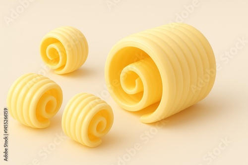 Obraz na płótnie Several butter curls and a stick of butter are lying on a uniform beige background, creating a visually appealing arrangement with their smooth, swirling shapes and rich yellow color w salonie