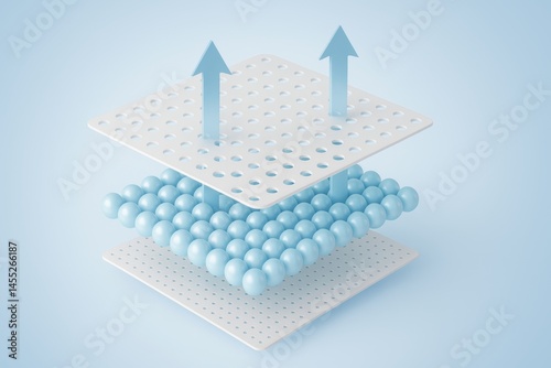 Obraz na płótnie Cross-section of a breathable material composed of multiple layers, including small spheres, with two upward-pointing arrows indicating airflow and breathability w salonie