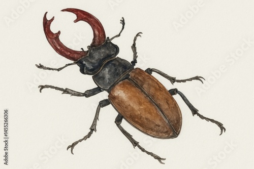 Obraz na płótnie Watercolor painting of a stag beetle showcasing its prominent red mandibles, capturing the intricate details of this fascinating insect with delicate brushstrokes on a neutral background w salonie