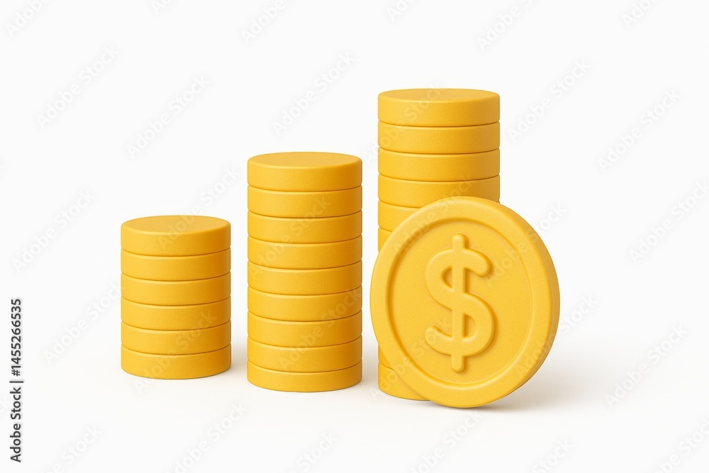 Stacks of golden coins with dollar symbol show increasing growth, representing investment, finance, savings, and economic success on a clean white background