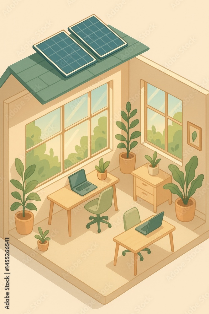 Sunlight illuminates a contemporary office space powered by rooftop solar panels, promoting sustainable practices and green energy solutions in a bright and airy environment filled with plants