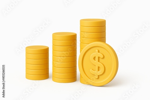 Obraz na płótnie Stacks of golden coins with dollar symbol show increasing growth, representing investment, finance, savings, and economic success on a clean white background w salonie