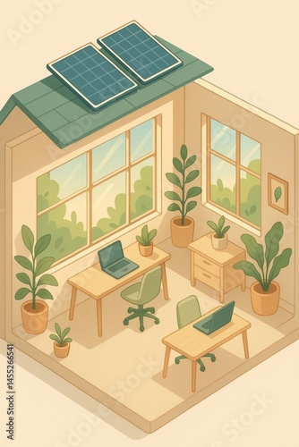 Obraz na płótnie Sunlight illuminates a contemporary office space powered by rooftop solar panels, promoting sustainable practices and green energy solutions in a bright and airy environment filled with plants w salonie