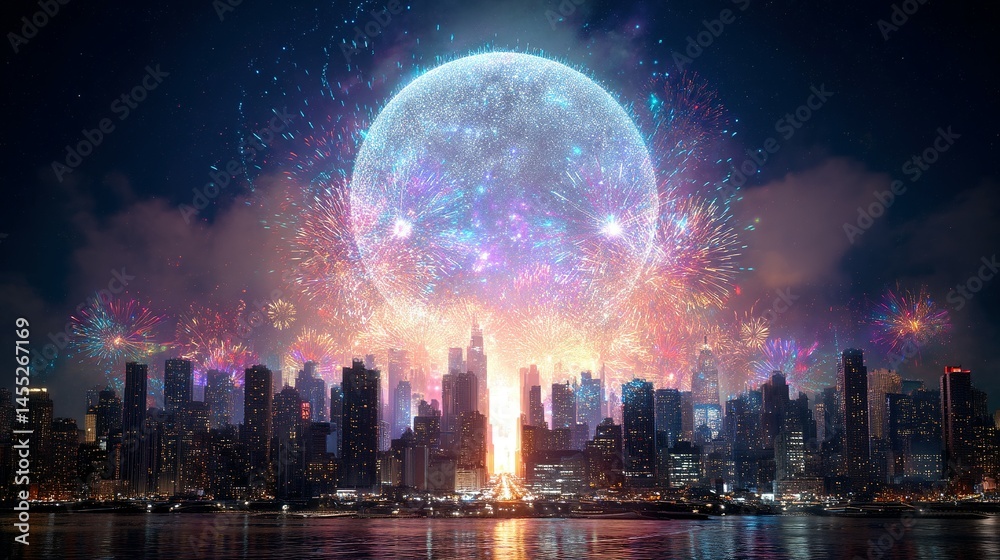 Spectacular city skyline with vibrant fireworks display surrounding a luminous moon. Spectacular city skyline with vibrant fireworks display surrounding a luminous moon.