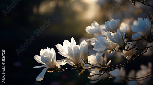 Blooming white magnolia flush on sunlit garden ramification