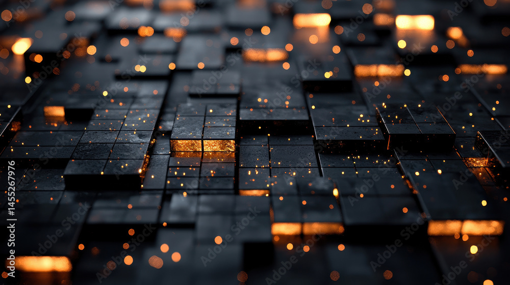 Fototapeta premium A realistic 4K abstract background shows kenmima-inspired 3D blocks with glowing lights creating a sophisticated side view in a dynamic and artistic design.