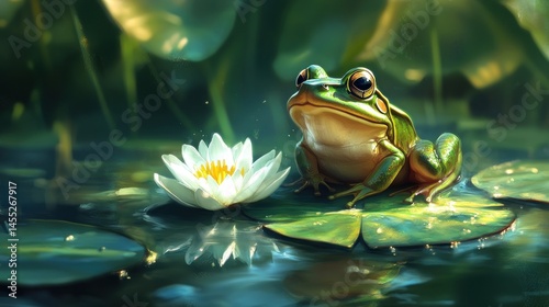 Frog on lily pad, serene pond scene