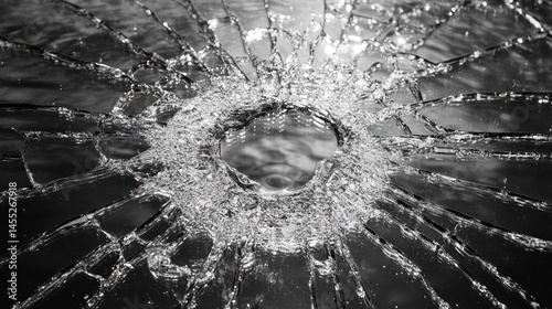Broken glass, circular hole, shattered fragments