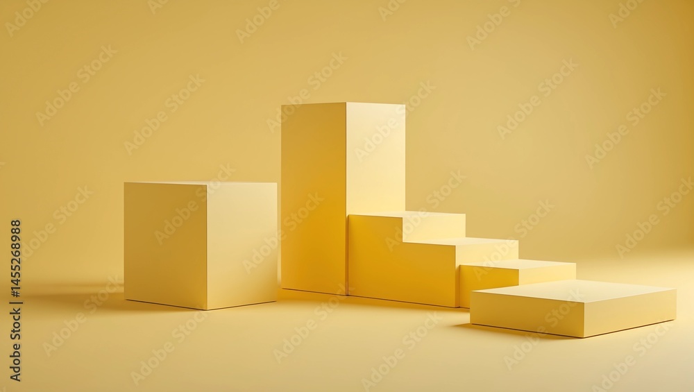 Yellow podium shelf or empty pedestal display on vivid fashion summer background with minimal style. Blank stand for showing product. 3D rendering Yellow podium shelf or empty pedestal display on vivid fashion summer background with minimal style. Blank stand for showing product. 3D rendering