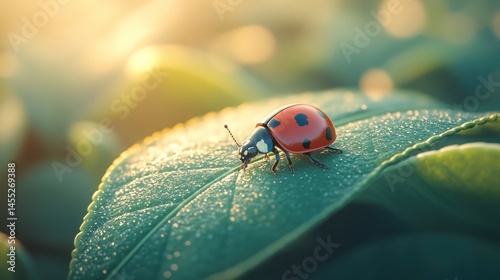 Ladybug on dew-kissed leaf in morning light