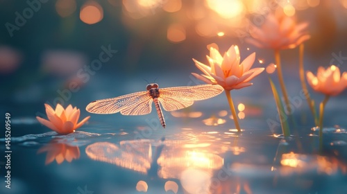 Dragonfly above water lilies at sunset