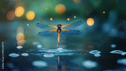 Dragonfly taking flight over water, bokeh effect