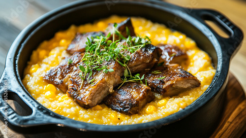 Delicious braised short ribs with creamy polenta and fresh thyme food photography